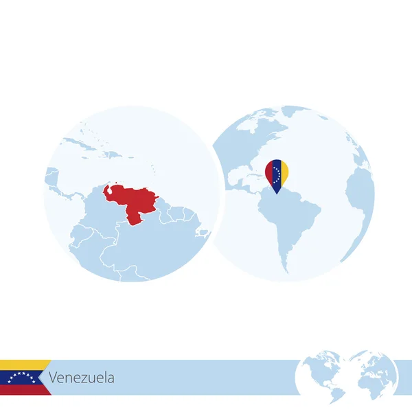 Venezuela on world globe with flag and regional map of Venezuela — Stockový vektor