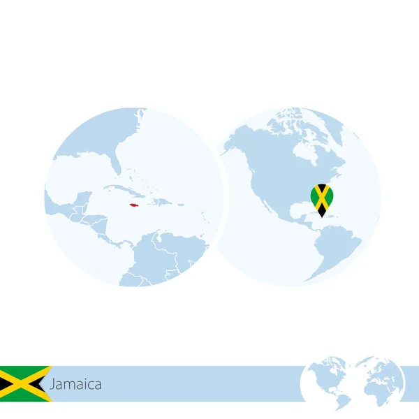 Jamaica on world globe with flag and regional map of Jamaica. — Stockový vektor