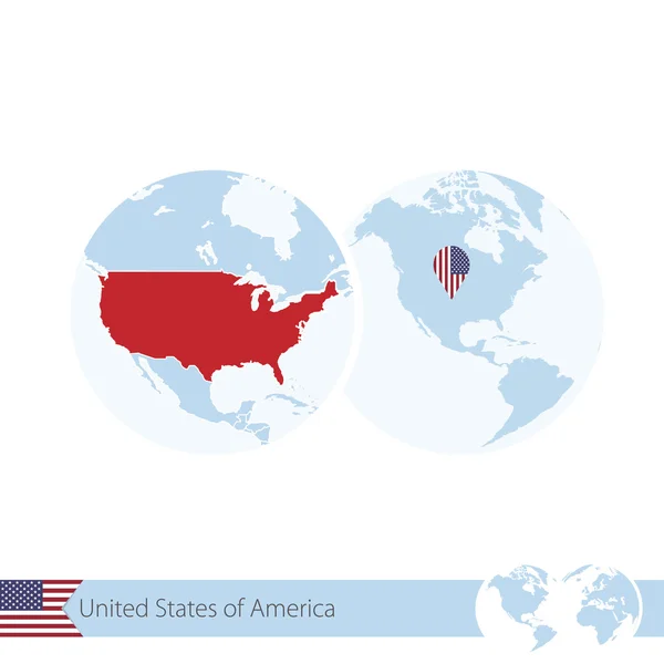 美国在世界地球仪国旗和美国的区域地图. — 图库矢量图片