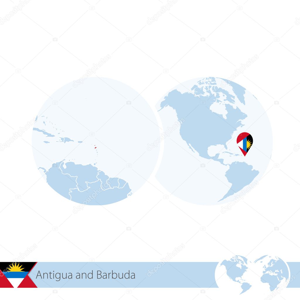Antigua and Barbuda on world globe with flag and regional map of