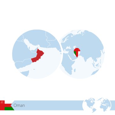 Umman bayrağı ve bölgesel Umman Haritası ile dünya dünya üzerinde.