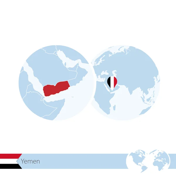 Yemen on world globe with flag and regional map of Yemen. — Stockový vektor