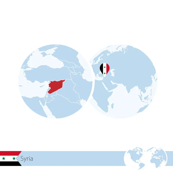 Syria on world globe with flag and regional map of Syria. — ストックベクタ