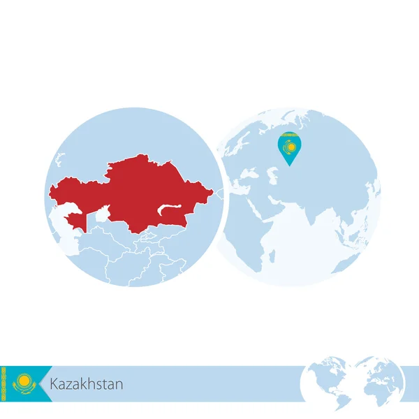 Kazachstan op de wereldbol met vlag en regionale kaart van KAZAKST — Stockvector