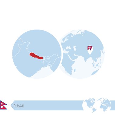 Nepal bayrağı ve bölgesel Nepal Haritası ile dünya dünya üzerinde.