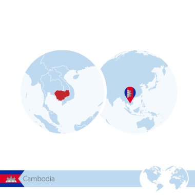 Kamboçya bayrağı ve bölgesel Kamboçya Haritası ile dünya dünya üzerinde.