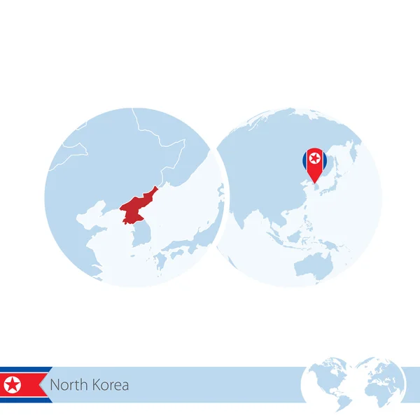 Coreia do Norte no globo mundial com bandeira e mapa regional de North K — Vetor de Stock