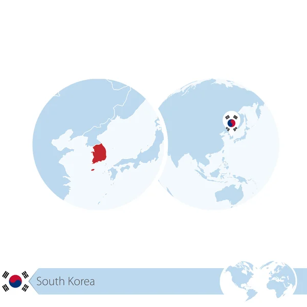 Coreia do Sul no globo mundial com bandeira e mapa regional de South K — Vetor de Stock