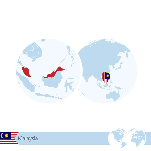 Malasia en el mundo con bandera y mapa regional de Malasia . — Vector de stock