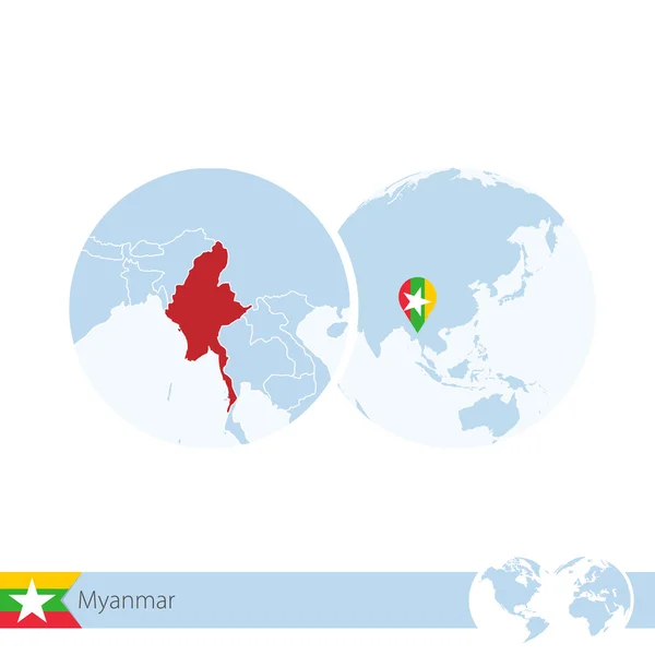 Мьянма на карте мира с флагом и региональной картой Мьянмы . — стоковый вектор