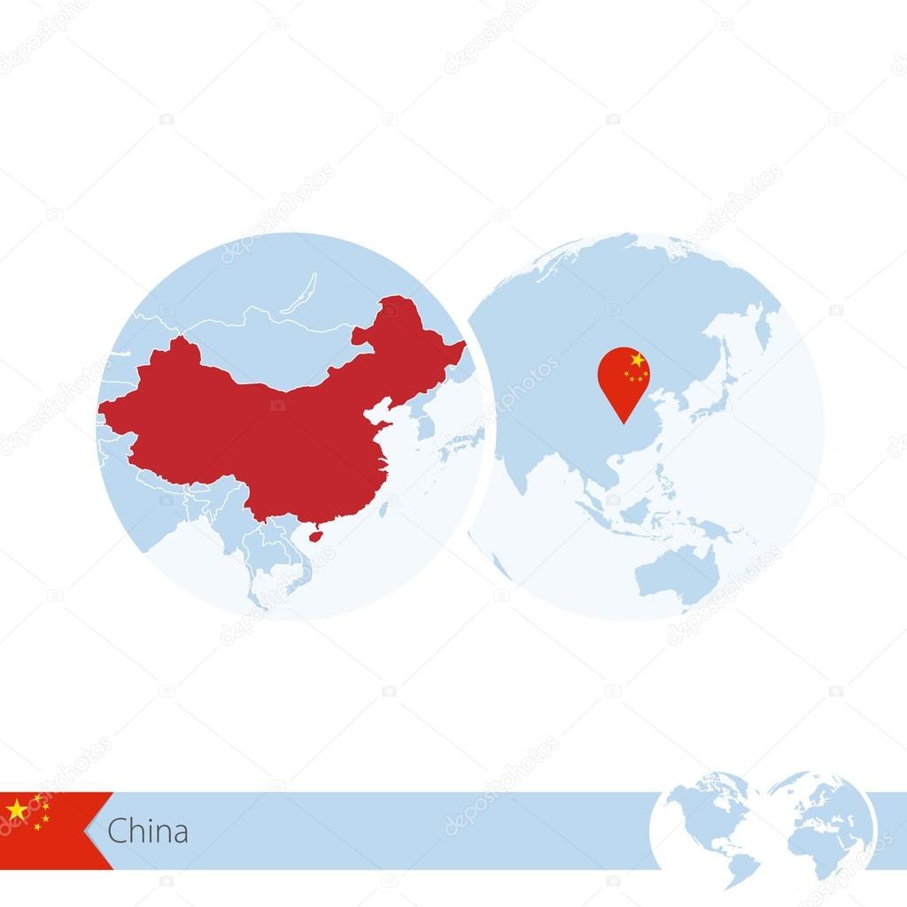 China on world globe with flag and regional map of China.