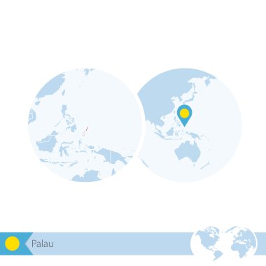 Palau dünya Globe bayrak ve bölgesel Palau Haritası.