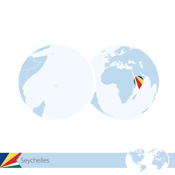 塞舌尔群岛上世界地球仪国旗和 Seychell 的区域地图 — 图库矢量图片