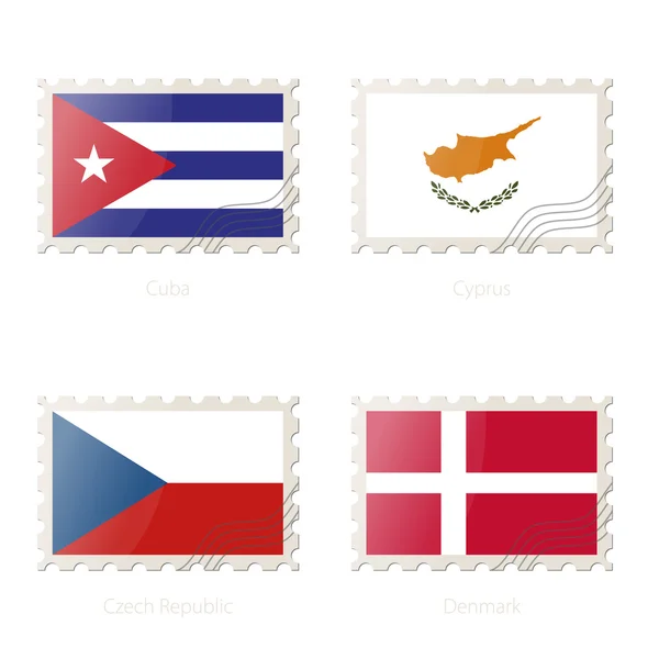 Briefmarke mit dem Bild Kubas, Zyperns, der Tschechischen Republik, der dänischen Flagge. — Stockvektor