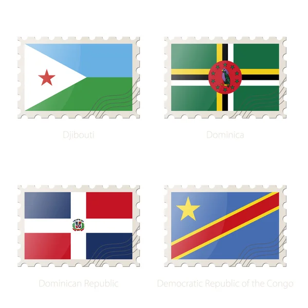 Briefmarke mit dem Bild von Dschibuti, Dominica, Dominikanische Republik, Demokratische Republik Kongo Flagge. — Stockvektor