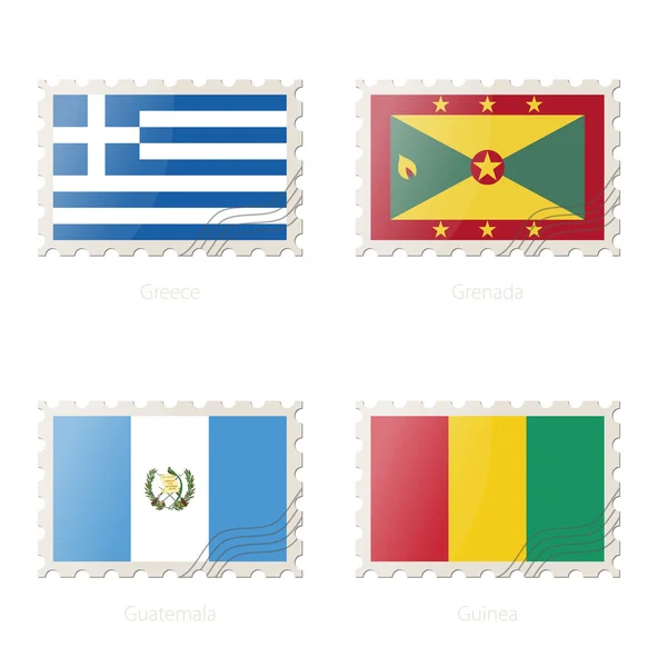 Postzegel met de afbeelding van Griekenland, Grenada, Guatemala, Guinea vlag. — Stockvector