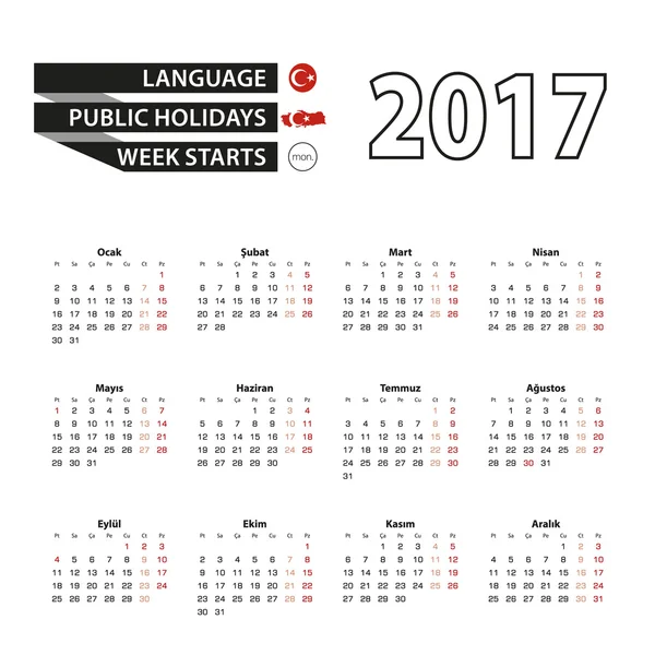 Calendario 2017 en idioma turco. Con días festivos para Turquía en el año 2017 . — Vector de stock