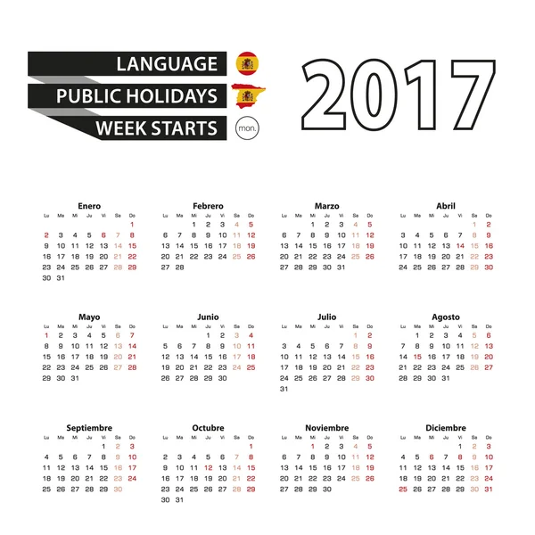 Calendario 2017 en español. Con días festivos para España en el año 2017 . — Vector de stock