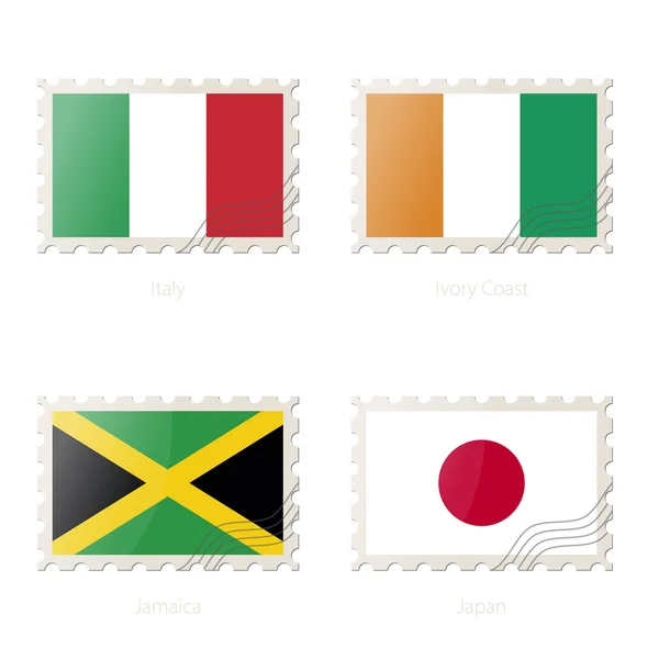 Briefmarke mit dem Konterfei von Italien, Elfenbeinküste, Jamaika, Japan-Flagge. — Stockvektor