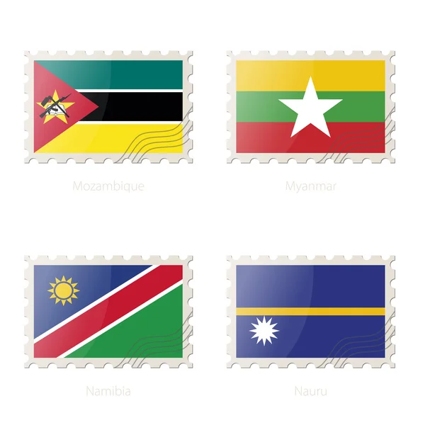 Briefmarke mit dem Bild von Mosambik, Myanmar, Namibia, Nauru-Flagge. — Stockvektor