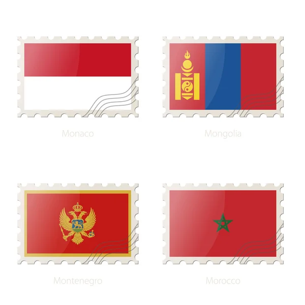모나코, 몽골, 몬테네그로, 모로코 국기의 이미지와 우표. — 스톡 벡터
