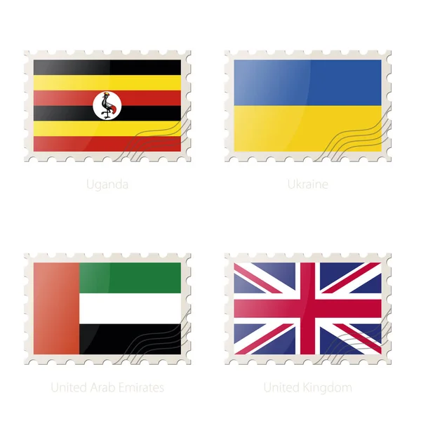 Briefmarke mit dem Konterfei von Uganda, Ukraine, Vereinigten Arabischen Emiraten, Vereinigtes Königreich Flagge. — Stockvektor