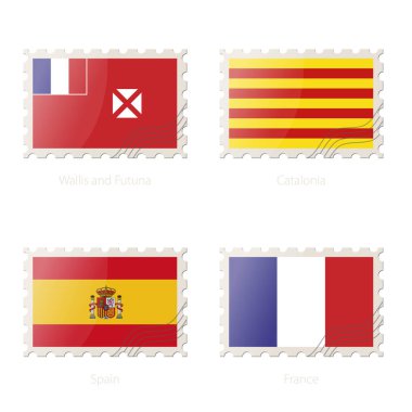 Wallis ve Futuna Adaları, Katalonya, İspanya, Fransa bayrağı görüntü ile posta pulu.