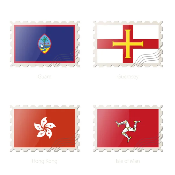 Frimärke med bilden av Guam, Guernsey, Hong Kong, Isle of Man flagga. — Stock vektor