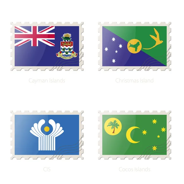 Sello postal con la imagen de Islas Caimán, Isla de Navidad, CIS, Bandera de Islas Cocos . — Vector de stock