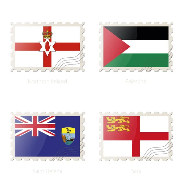 Briefmarke mit dem Bild von Nordirland, Palestin, Heilige Helena, Sarkfahne. — Stockvektor