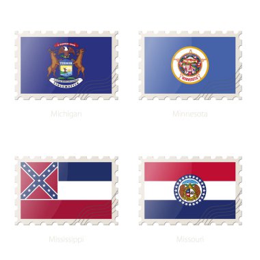 Michigan, Minnesota, Mississippi, Missouri Devlet bayrağı görüntü ile posta pulu. 