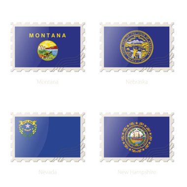 Montana, Nebraska, Nevada, New Hampshire Devlet bayrağı görüntü ile posta pulu. 