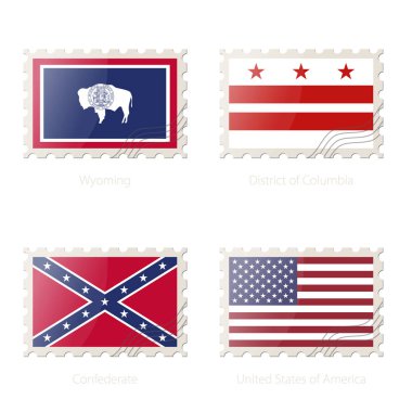 Wyoming, District of Columbia, Konfederasyon, Amerika Birleşik Devletleri bayrağı görüntü ile posta pulu. 