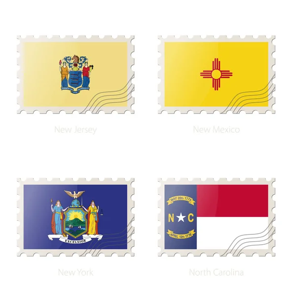 Sello postal con la imagen de New Jersey, New México, New York, North Carolina State Flag . — Vector de stock