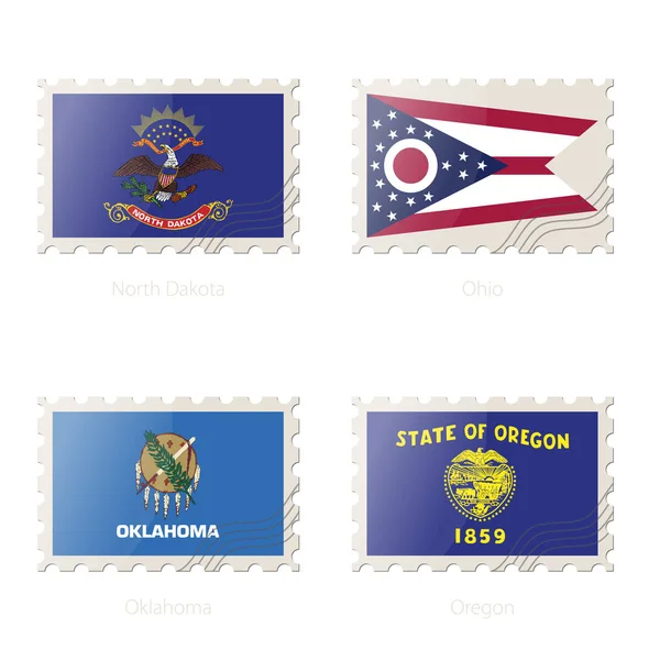Sello postal con la imagen de North Dakota, Ohio, Oklahoma, Oregon State Flag . — Vector de stock