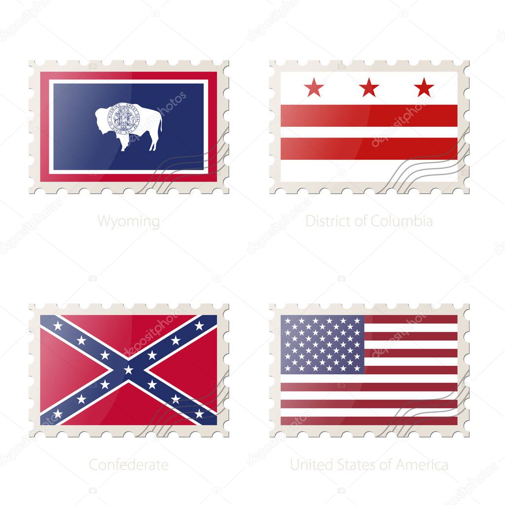 Postage stamp with the image of Wyoming, District of Columbia, Confederate, United States of America Flag. 