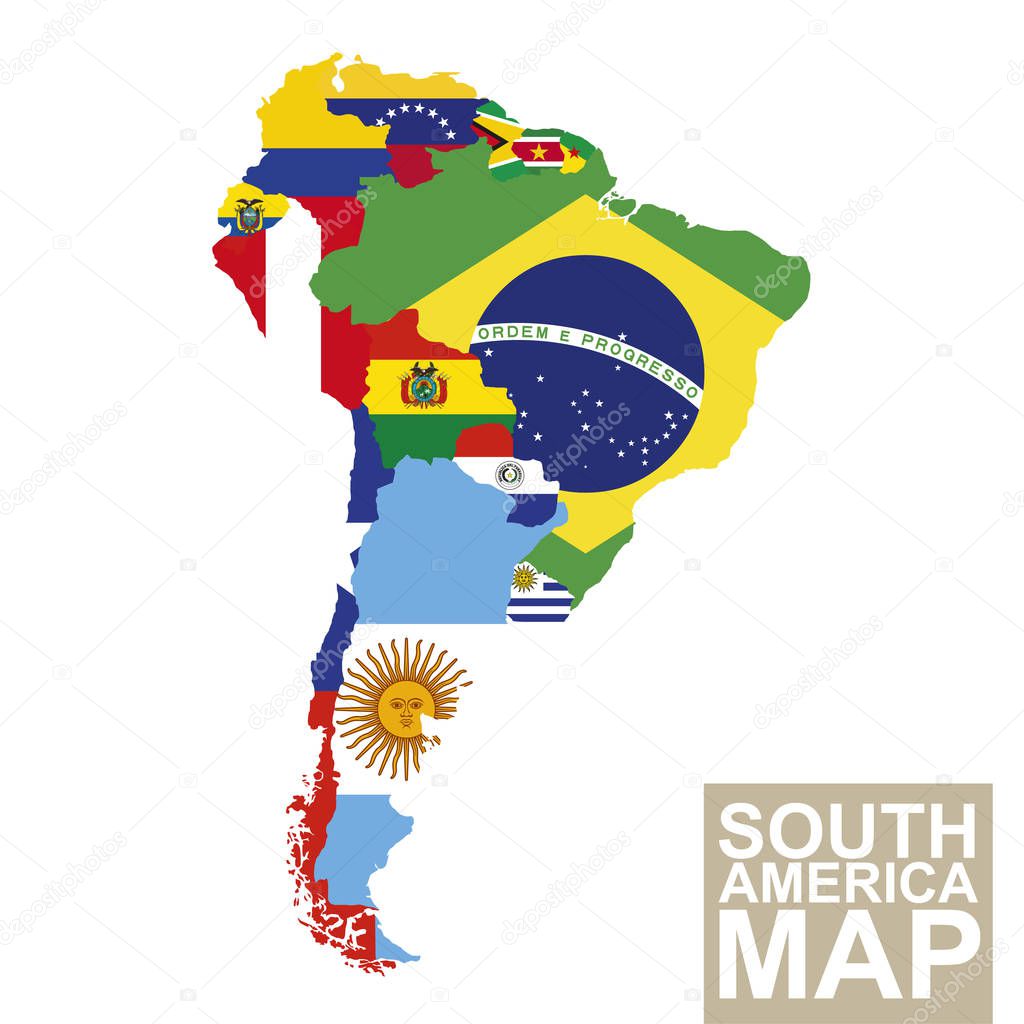 Vector map of South America with flags.