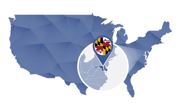 Stato del Maryland ingrandito sulla mappa degli Stati Uniti . — Vettoriale Stock