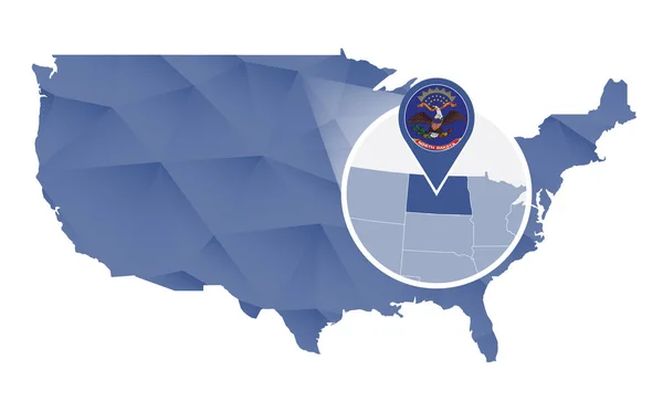 Estado de Dakota del Norte magnificado en Estados Unidos mapa . — Vector de stock