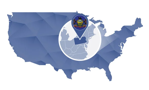 Pennsylvania State powiększony na mapie Stanów Zjednoczonych. — Wektor stockowy