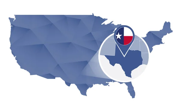 Texas State magnificado en Estados Unidos mapa . — Archivo Imágenes Vectoriales