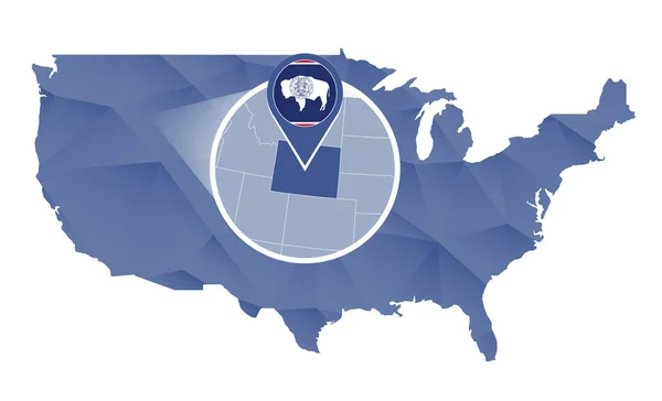 Estado de Wyoming magnificado en Estados Unidos mapa . — Vector de stock