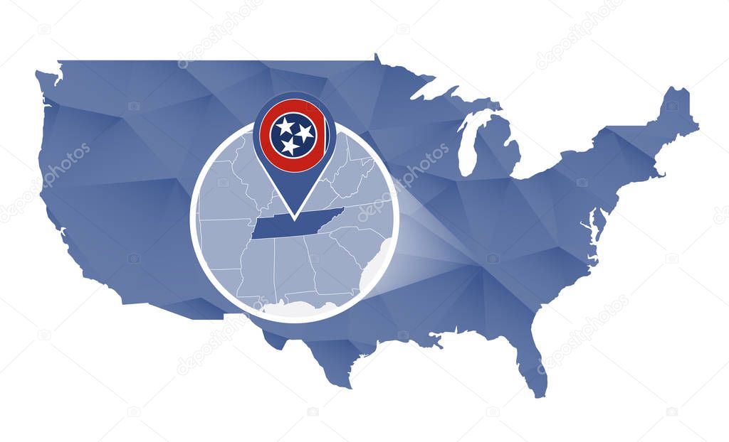 Tennessee State magnified on United States map.