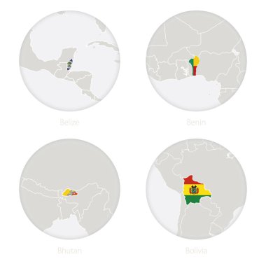 Belize, Benin, Bhutan, Bolivya bir daire içinde kontur ve ulusal bayrak harita. 