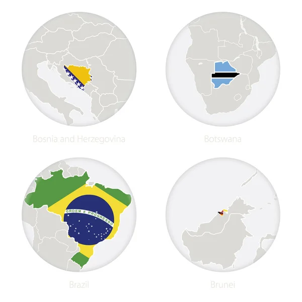 Bosnie-Herzégovine, Botswana, Brésil, Brunei carte contour et drapeau national en cercle . — Image vectorielle