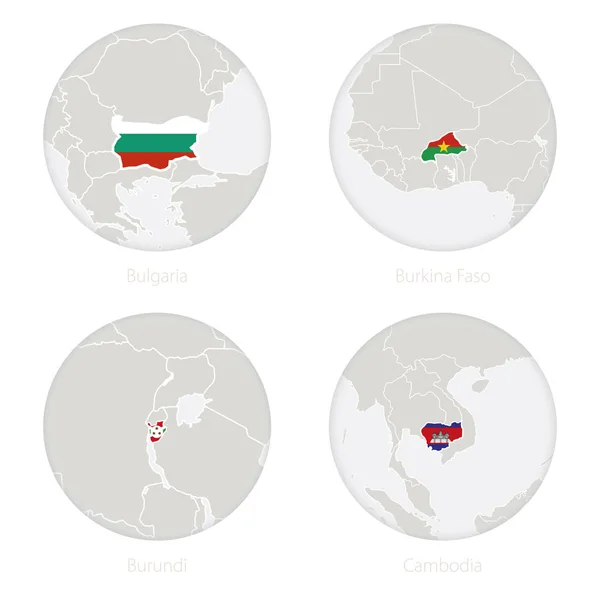 Bulgarie, Burkina Faso, Burundi, Cambodge carte contour et drapeau national en cercle . — Image vectorielle