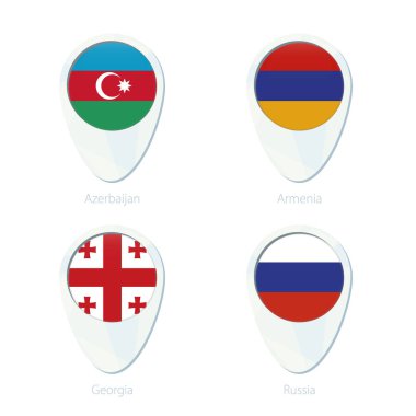 Azerbaycan, Ermenistan, Gürcistan, Rusya bayrağı konumu harita PIN simgesi.
