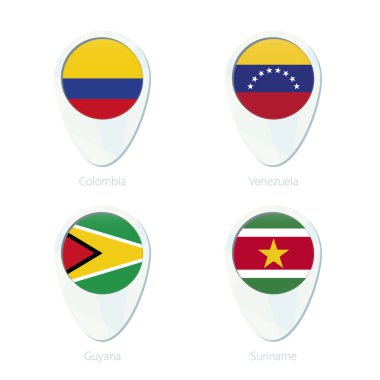 Kolombiya, Venezuela, Guyana, Surinam bayrak konumu harita PIN simgesi. 
