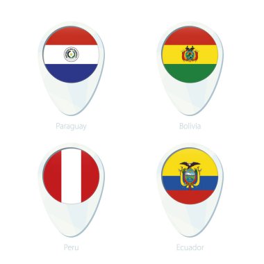 Paraguay, Bolivya, Peru, Ekvador bayrak konumu harita PIN simgesi.