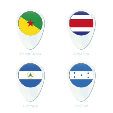 Fransız Guyanası, Kosta Rika, Nikaragua, Honduras bayrağı konumu harita PIN simgesi.